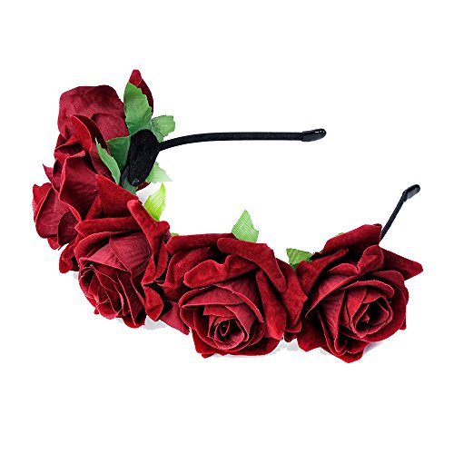 Ever Fairy Women Single Rose Flower Wreath Hoop Jewelry Hair Band Type Bridal Wreath Holder Hoop (Deep Red)