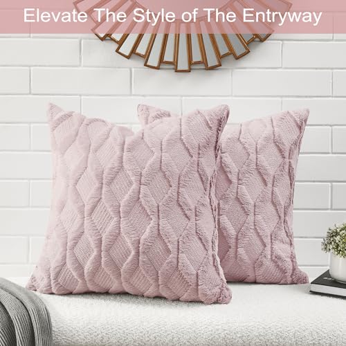Volcanics Pack of 2 Faux Wool Throw Pillow Covers 20x20 Inches Decorative Farmhouse Velvet Couch Pillow Case Soft Plush Square Boho Cushion Pillowcase, Pink