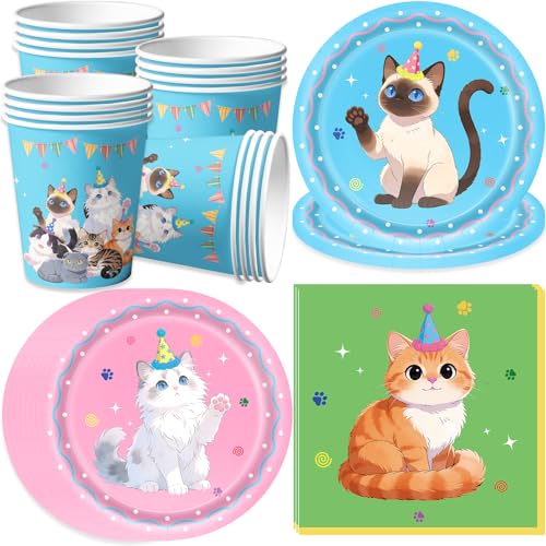 pekifaves Ensemble de fournitures pour fête d'anniversaire de chat, aisselle, Gobelets en carton, Assiettes en carton, pour les décorations de fête de chat...