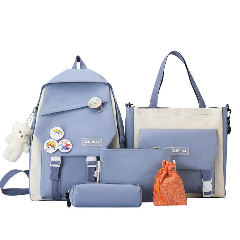 Sac à dos Kawaii 5 pièces - Sac à dos mignon avec pendentifs Kawaii et épingles - Accessoires pour adolescentes et filles - Sac à dos esthétique mignon, bleu