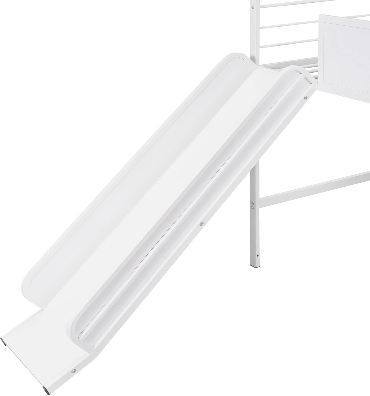 Twin House Loft Beds with Slide and Chalkboard, Low Loft Bed Twin Size, Metal House Bed with Guardrail and Ladder, Metal Twin Size Loft Bed for Kids Teens Girls Boys (Twin, White)