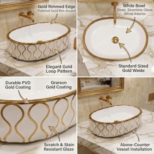 Image of Backline 20x13x5.5 Inches Table Top Wash basin | Basin for Bathroom | Countertop Bathroom Basin For Restaurant /Dining Hall /Living Room /Home (Gold White)(5 Years Glaze Warranty)