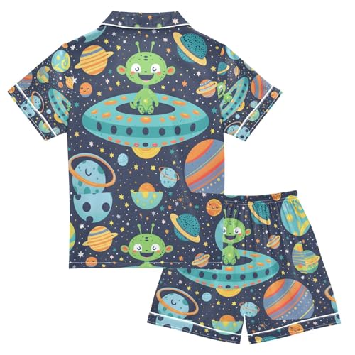 senya Laughing Green Alien Satin Summer Pajama Sets Silk Short Sleeve Button Down Sleepwear2