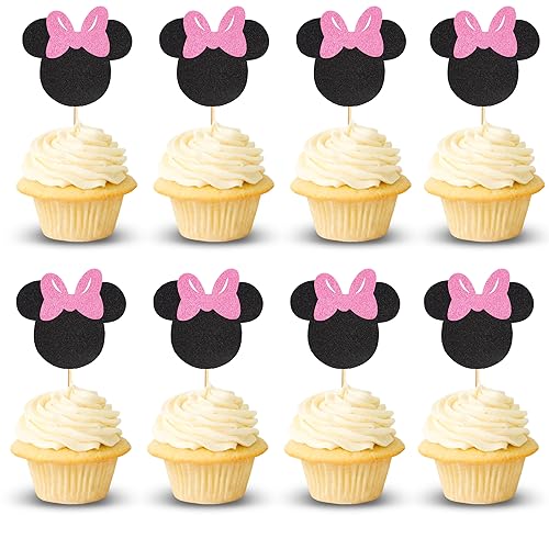 Arthsdite 24Pcs Mouse Inspired Cupcake Toppers with Pink Bow Black Glitter Mouse Cake Decorations for Baby Shower Wedding Kids Birthday Party Cake Decorations Supplies - Black Pink Glitter