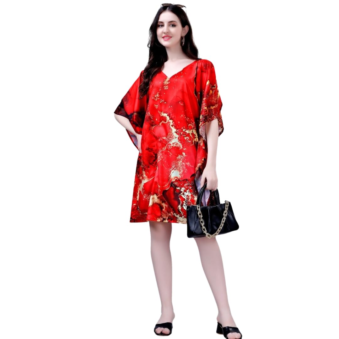 Stylish Red Free-Size Printed Short Midi Kaftan Dress for Casual Wear Holiday Summer Vacation & Beach Wear | Flowy Kaftan Style | Gift for Girls Women Girlfriend Wife her Valentine Day-image-30