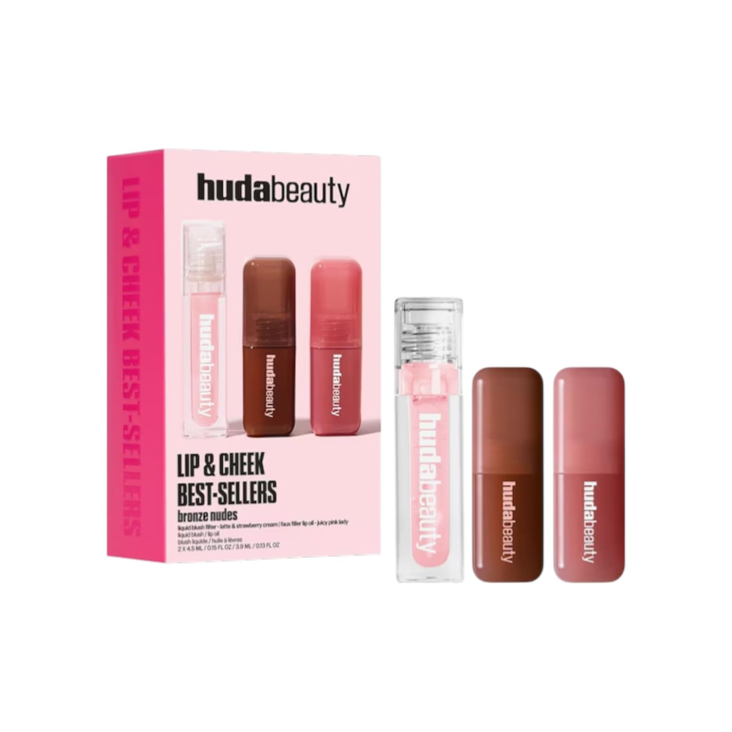 Huda Beauty Lip & Cheek Best-Sellers Bronze Nudes Set, 2 Liquid Blush und Faux Filler Lip Oil, Strahlender Finish