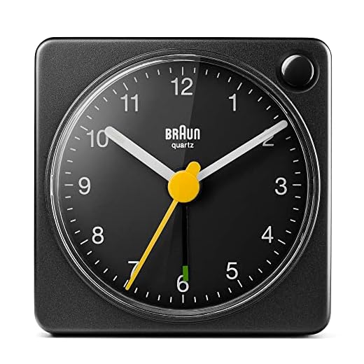Braun Classic Travel Analogue Alarm Clock with Snooze and Light, Compact Size, Quiet Quartz Movement, Crescendo Beep Alarm in Black, Model BC02XB.