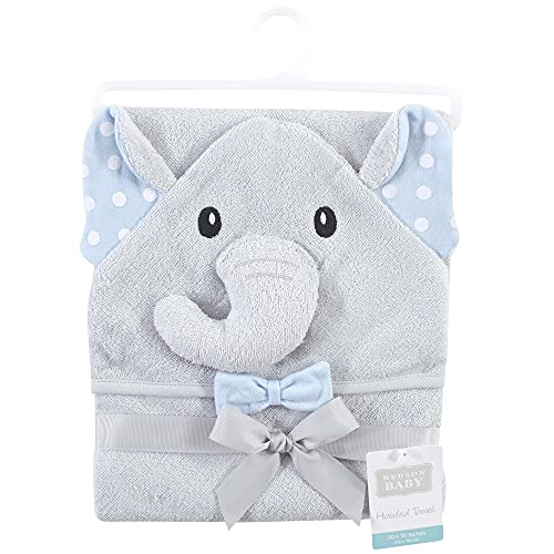 Image of Hudson Baby Unisex Baby Cotton Animal Face Hooded Towel, White Dots Gray Elephant, One Size