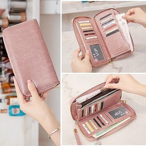 Womens Wallet RFID Blocking PU Leather Zip Around Wallet Large Capacity Long Purse Credit Card Clutch Wristlet(Pink)2