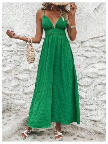 Image of Milumia Women's Summer V Neck Backless Maxi Dress Boho Spaghetti Strap A Line Flowy Beach Long Sundress