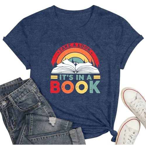 Image of Take a Look It's in a Book Shirt for Women Funny Reading Rainbow Graphic T Shirt Book Lover Gift Tee Tops