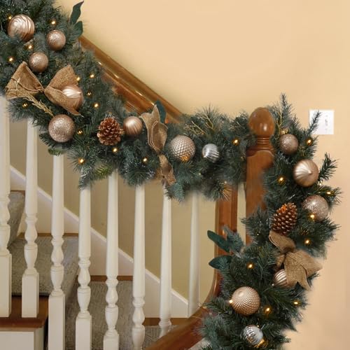 9ft Pre Lit Garland Christmas Gold Christmas Garland with Lights, Prelit Christmas Garland...