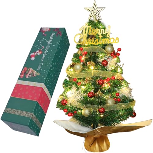 WINOK Mini Christmas Trees, 60cm Tabletop Christmas Tree with Lights, 2FT Artificial Tabletop Christmas Tree with Rich Ornaments for Xmas, Home, Kitchen, Dining Table Decorations (Green)