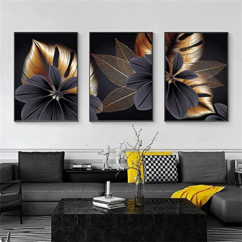 Canvas Painting, Black and Gold Plant Leaves, Design Poster Set, 3-Piece Set, Background Wall Art Mural Printing Picture
