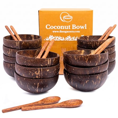 Image of Thenga Handmade Coconut Bowls with Wooden Spoons, 500 ML, Set of 20 | Reusable artisan tableware, polished natural finish, ideal for smoothie bowls, salads, cereals, snacks and serving