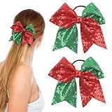 2Pcs Christmas Hair Bows Ties, Red Green Bow Hair Tie for Girls 7 Inch Large Cheer Bows Sequin Cheerleading Hair Bows Ponytail Holders Elastic Hair Ties Bands Xmas Hair Accessories for Women Teen