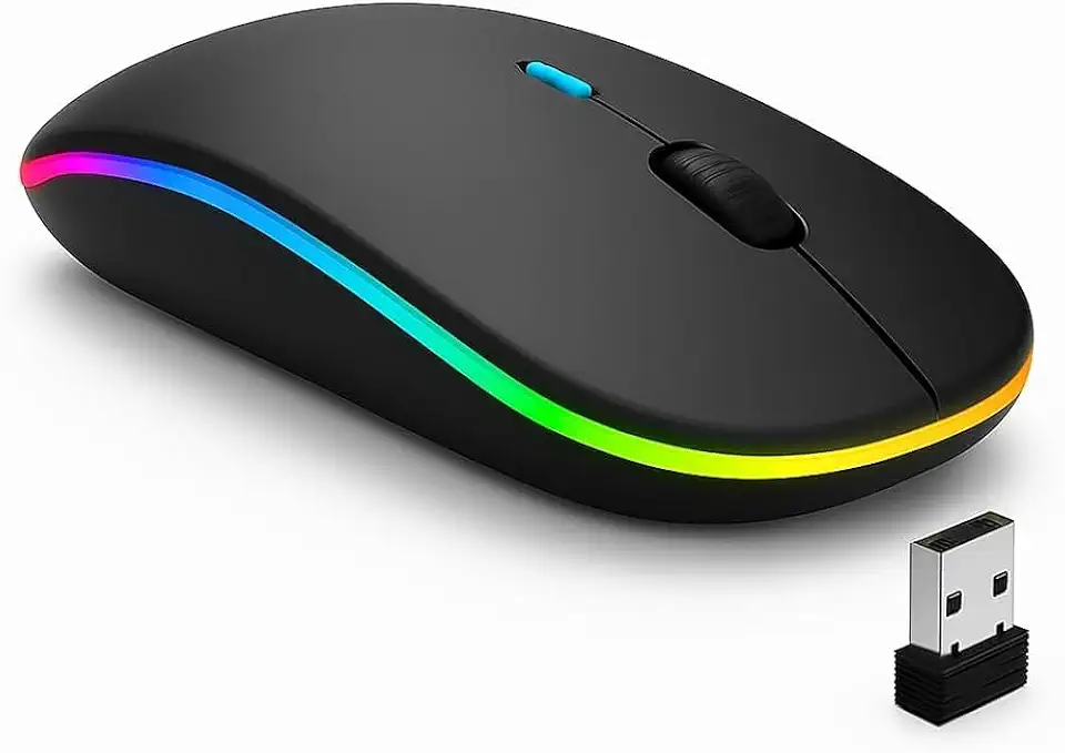 Mouse sem fio Bluetooth USB Recarregável RGB Ergonômico | Com receptor nano, silencioso