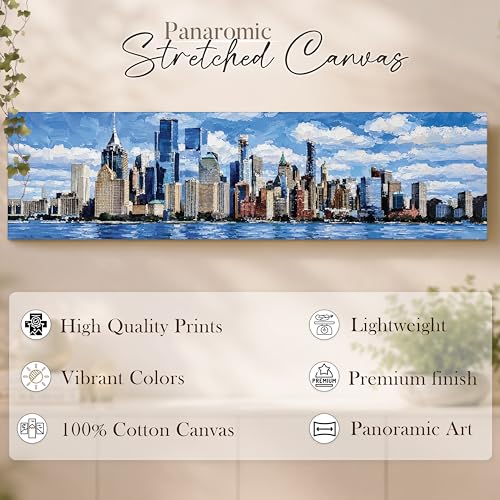 Image of New York City Skyline Stretched Canvas Wall Art Painting for Living Room, Horizontal Cityscape Canvas Wall Decor For Livingroom, Bedroom, Office, Hallway's, Hotel 12x46 Inch
