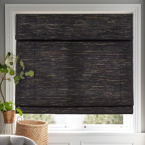 Persilux Cordless Roman Shades for Windows, Linen Natural Fabric Window Blinds, Privacy Roman Blinds for Windows Shades for Home Kitchen Door, Black(Privacy Liner,Block 60%-80% Light), 69