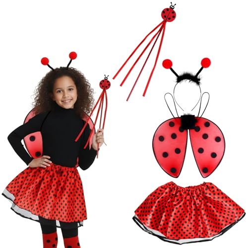 Deguisement Coccinelle Enfant,Déguisement Carnaval Fille,Costume Ladybug,Avec Bandeau Coccinelle,Baguettes Magiques,Ailes de Coccinelle Et Jupe,Pour Carnaval Jeu De Rôle Et Cosplay De Fête à Thème