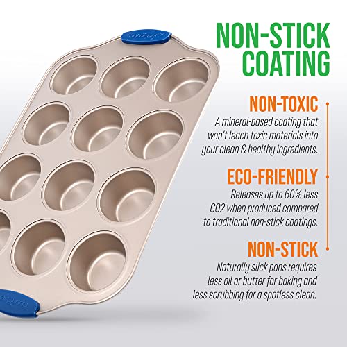 Image of Nutrichef 12 Cup Muffin Pan, Durable and Nonstick Carbon Steel Bake Pan with Silicone Handles, Kitchen Essential Cupcake Pan, Stain Resistant, Easy Clean, PFOA, PFOS, PTFE Free, 16.22'' x 10.43''