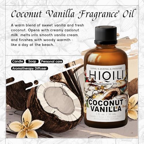 Image of HIQILI Coconut Vanilla Fragrance Oil for Diffuser & Aromatherapy - 1 Fl Oz | for Candle & Soap Making Supplies, Essential Oils for Home and Car Humidifier - 30 ML