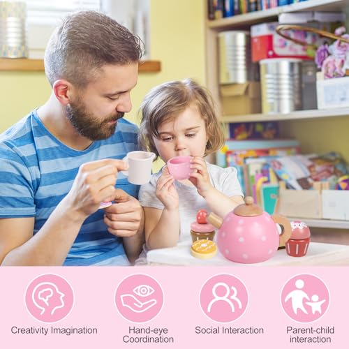 Image of Wooden Tea Party Set for Little Girls, Toddler Girl Gifts Princess Tea Time Toys, Wooden Tea Set Food Dessert, Kids Kitchen Pretend Play, Birthday Valentines Day Gifts for Girls Age 2-5 Years Old