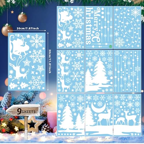 Image of AhfuLife Christmas Window Clings, 209 PCS Reusable Christmas Window Stickers for Glass, 9 Sheets Double Sided Snowflake Xmas Trees Garland Stickers for Xmas Party