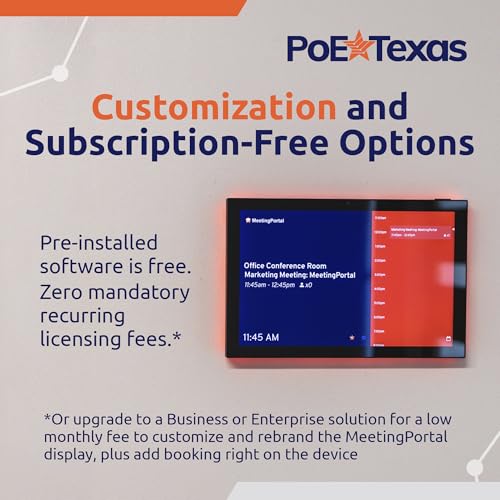 Image of PoE Texas Low Profile 10-Inch Touchscreen Conference Room Scheduler PoE Tablet with Visible LED Status Ring and MeetingPortal App - Touch Screen Digital Display Syncs with Your Business Calendar