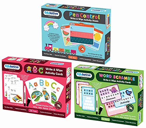 Image of (Combo of 3) Pen Control+ABC Letters+Word Scramble Write & Wipe Reusable Activities Educational Games with Exercise Book