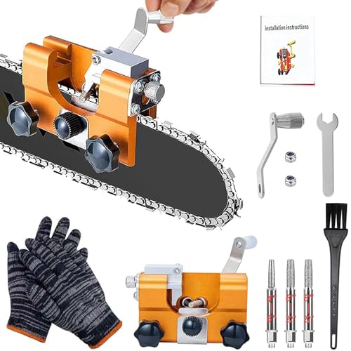 Chainsaw Sharpener with 3PCS Carbide Cutter Portable Chain Saw Sharpener Hand Crank Chainsaw Chain Sharpening Jig Kits with Cleaning Brush