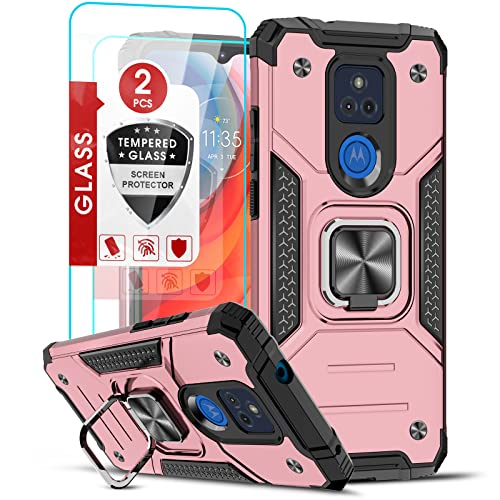 LeYi Compatible with Moto G Play 2021 Case, Motorola G Play Case with [2 x Tempered Glass Screen Protector], [Military-Grade] Phone Case Cover with Ring Kickstand for Motorola G Play 2021, Rose Gold