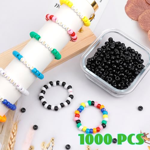 Image of 1000Pcs Pony Beads Bracelet 9mm Black Plastic Barrel Pony Beads for Necklace,Hair Beads for Braids,Key Chain,Jewelry Making (Black) | Large Hole Kandi Acrylic Beads for DIY Friendship Bracelets, Hair Braids, Keychains,Necklaces Jewelry Making Craft Beads