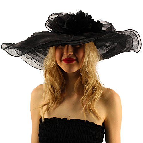 Victorian Layered Sinamay Floral Feathers Derby Floppy Wide 7"+ Dress Hat Black - Thumbnail 2