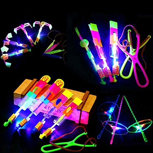 30 PCS Amazing Led Light Arrow Rocket Helicopter Flying Toy Party Fun Gift Elastic, Slingshot Flying Copters Birthdays Thanksgiving Christmas Day Gift Outdoor Game for Children Kids
