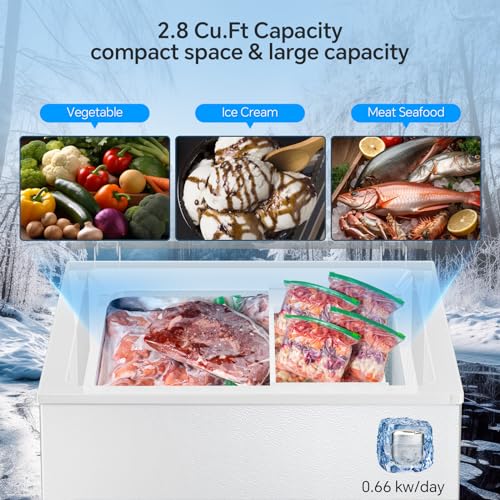 Kismile 2.8 Cubic Feet Chest Freezer with Removable Basket Free Standing Top open Door Compact Freezer with Adjustable Temperature for Home/Kitchen/Office/Bar