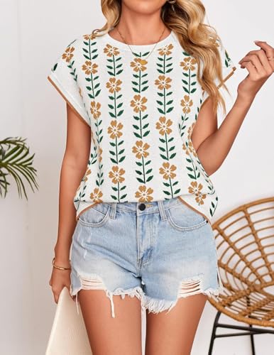 ZESICA Womens Summer Casual Printed Tops Cap Sleeve Crew Neck Cute Knit Sweaters 2025 Trendy Clothes Outfits4