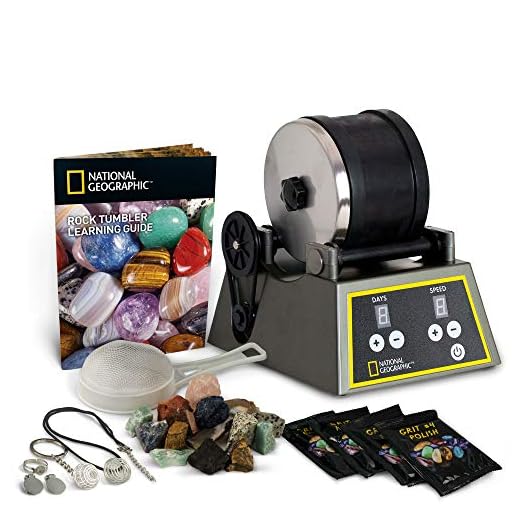 NATIONAL GEOGRAPHIC Professional Rock Tumbler Kit- Advanced features include Shutoff Timer and Speed Control - 2lb Barrel, 1lb Gemstones, 4 Polishing Grits, Jewelry Fastenings and Learning Guide