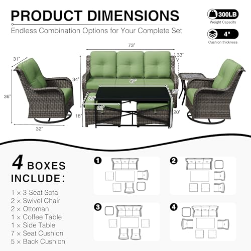 Image of Joyside 7 Piece Wicker Patio Furniture Set, Outdoor Swivel Rocker Patio Chairs with High Back, Deep Seating, Wide Armrest, Thickened Cushions, Outdoor Furniture for Deck, Porch Use