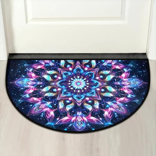 Image of Half Round Doormat Flowers Ethnic Mandala Purple Non Slip Half Circle Area Rugs Indoor Washable Half Moon Rug Semi Circle Bathroom Runner Mat Entrance Floor Carpet for Kithen Bedroom Fireplace Decor