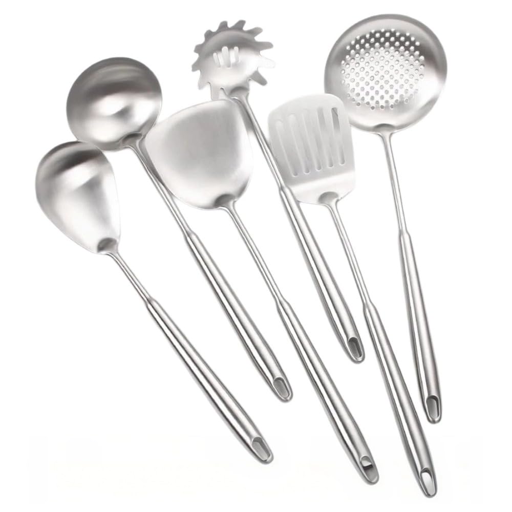 Set of 6 Stainless Steel Kitchen Utensils Spatula Ladle Spoon | Professional Dishwasher Handle Stainless Steel Kitchen Utensils, Long Anti-Burning for Wok Cast Iron Frying Pan Non-Stick