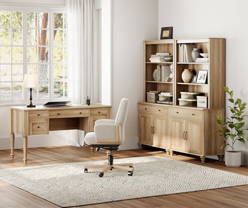WAMPAT Home Office Furniture Set, 56\'\' Executive Desk with Charging Station, 72\" Tall Bookcase with 4 Doors and 2 Drawers, Wood Computer Desk with File Cabinet Storage, Open Shelf, Oak - Thumbnail 2