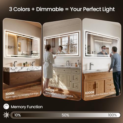 Image of 60x30 LED Bathroom Mirror with Anti-Fog, Backlit & Front Lit, Memory | Stepless Dimmable 3 Color CRI 95+ Shatterproof Tempered Glass ETL Listed for Safety Lighted Bathroom Vanity Mirror for Wall
