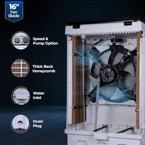 Image of Mighty 16 Desert Air Cooler | 16 Inch Special Bent-Edge Blade, 100L Tank, 5190 m /hr Air Delivery | Covers 350 Sq Ft | Honeycomb Pads, Aluminium Motor, Closed Louvers, Wheels | White & Grey