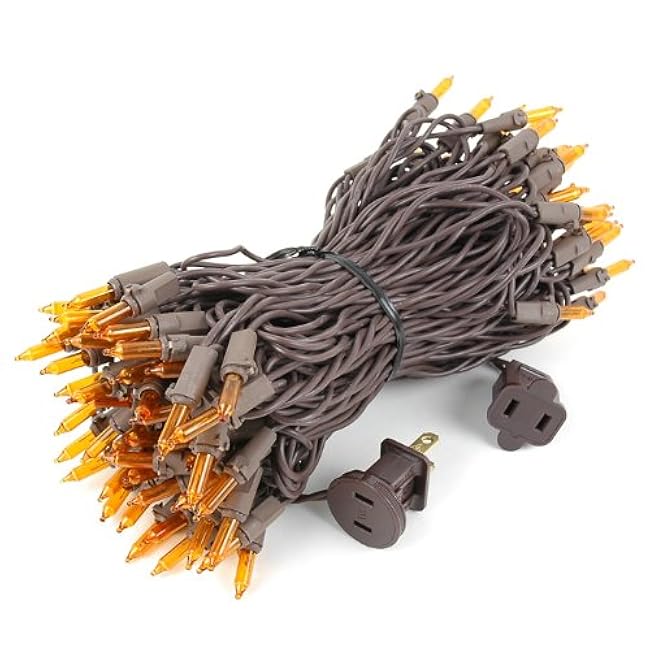 Novelty Lights 50 Feet 100 Bulbs Traditional Incandescent Mini Lights, Amber on Brown Wire with 6 Spacing, Commercial Grade and UL Listed for Indoor/Outdoor Use, End-to-End Connectable
