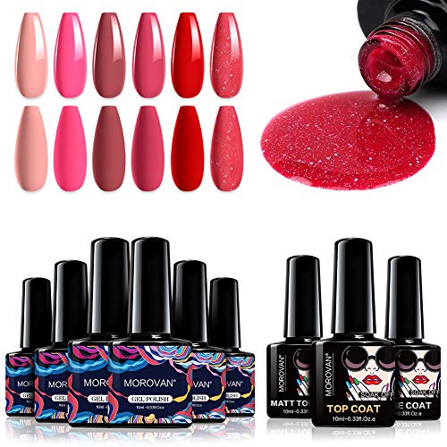 Morovan Gel Nail Polish Set, Rose Red Sexy/Violet Elegant Series 12 Colors Nail Art Gift Box, Soak Off UV LED Gel Polish Kit 10ml