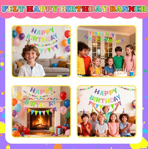 Image of Happy Birthday Banner Decorations - Pre-Strung 3D Felt HAPPY BIRTHDAY Sign for Party Decor | Rainbow Reusable Happy Birthday Garland, Ball, Pennant Flag (2-Macaron)