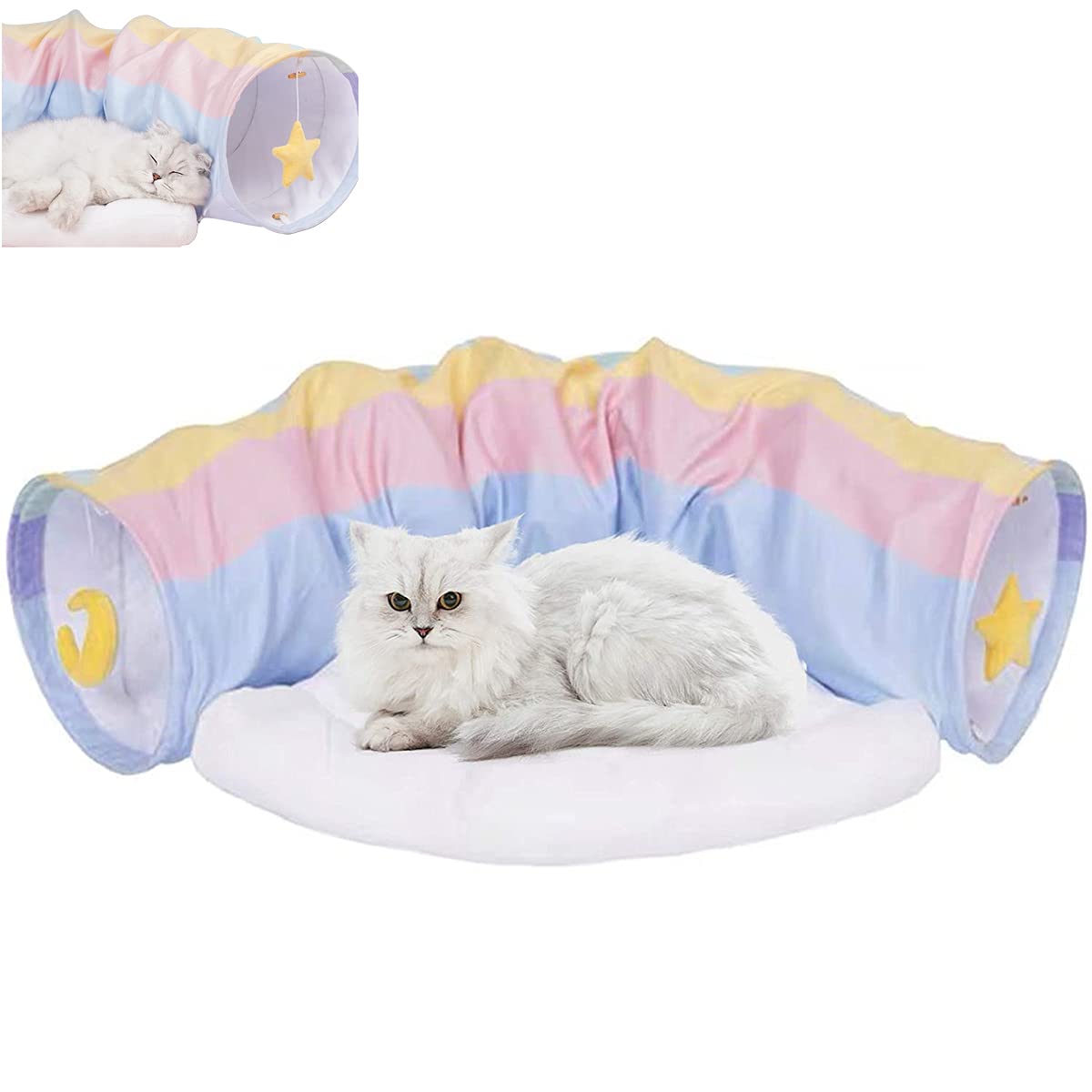 Cat Tunnel Tube Toy with Bed Kitty Gift Collapsible Removable Mat Rainbow Tube Scratching Interactive Ball Toys for Pets Kittens Dogs Rabbits and Pet Play Bed With Tube Indoor Cat Villa