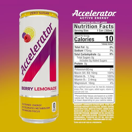 Image of Accelerator Active Energy Drink, Berry Lemonade 12oz can (12 pack) | Zero Sugar, Sustained Energy from 100% Natural Caffeine (200mg from Green Coffee Bean & Green Tea extract)
