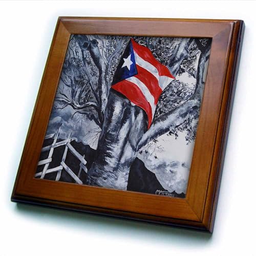 3dRose 8x8 Framed Tile - Image of Puerto Rican Flag and Black and White Tree A. Torres Art Puerto Rican Art